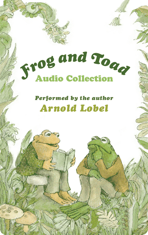 Frog and Toad listening to a story on a white and green card