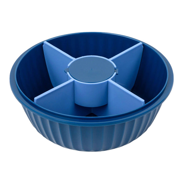 Blue bowl with 4 compartments for food and 1 center cup with lid for sauces. Complete with lid