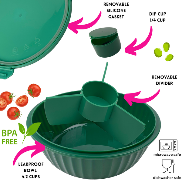 Green bowl with 4 compartments with center cup with lid