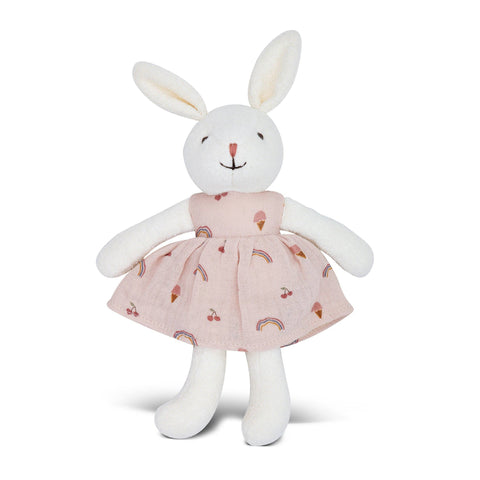 Plush white bunny with Pink dress with Icecream and rainbows