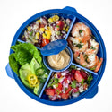 Blue bowl with 4 compartments for food and 1 center cup with lid for sauces. Complete with lid