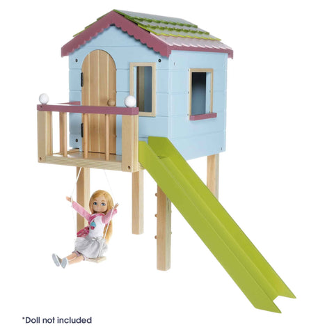 Blue doll treehouse with porch, green slide, Swing, and rope ladder