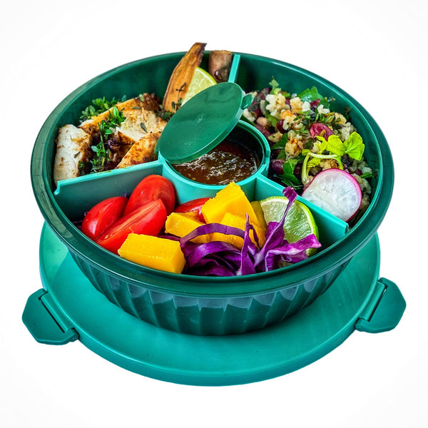 Green bowl with 4 compartments with center cup with lid