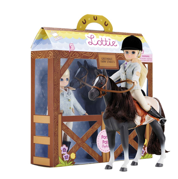 Blonde doll in riding jodhpurs, tweed jacket, tie, boots, helmet, with Seren the Welsh Pony. Soft hair, bendable knees, removable shoes, and phthalate-free vinyl.