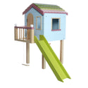 Blue doll treehouse with porch, green slide, Swing, and rope ladder