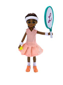 Lottie dressed in  Peach color Tennis outfit with racket, shoes, balls, and towels