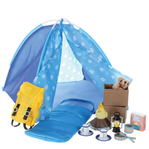 Blue camping tent with sleeping bag. Yellow backpack, teddy bear, 2 brown crates, pretend campfire, lantern, Box of Corn Flakes, 2 Tea cups with plates, frying pan and spatula