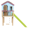 Blue doll treehouse with porch, green slide, Swing, and rope ladder