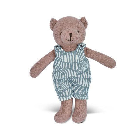 Light brown teddy bear wearing a Green Zebra Print romper