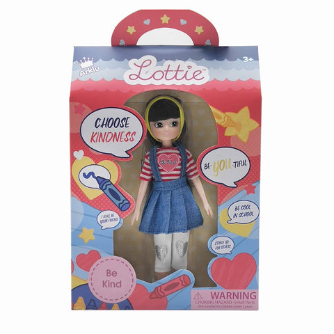 Lottie Doll with Dark brown hair. in white leggings and jean skirt and red/white stripe shirt