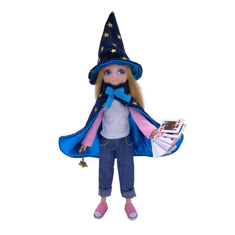 Lottie dressed in Blue Velvet Cape and Hat with Stars, Pink and White Long Sleeves Top, Denim Capri Trousers
Pink Sneakers, Mini Playing Cards, Magic Wand