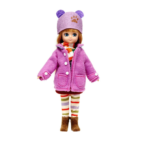 Doll wearing a duffel coat, scarf, hat, boots, corduroy skirt, and striped leggings