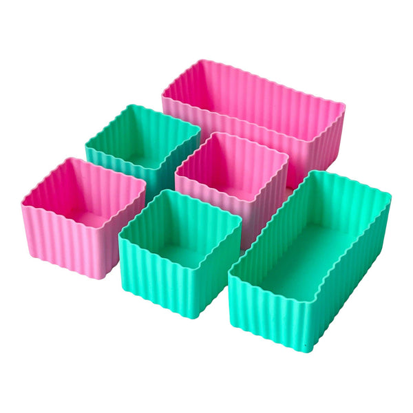 6 piece silicone cups in pink and teal. 2 large rectangle shape and 4 smaller squares to help separate food.