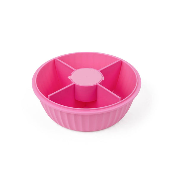 Pink 4 compartment bowl with a center compartment to hold dressing, sauce, and more