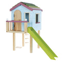 Blue doll treehouse with porch, green slide, Swing, and rope ladder