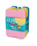 4 plastic icepacks: Pink, Yellow, Green, Blue