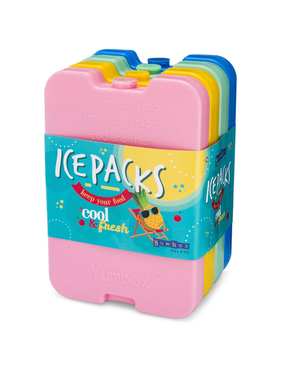 4 plastic icepacks: Pink, Yellow, Green, Blue