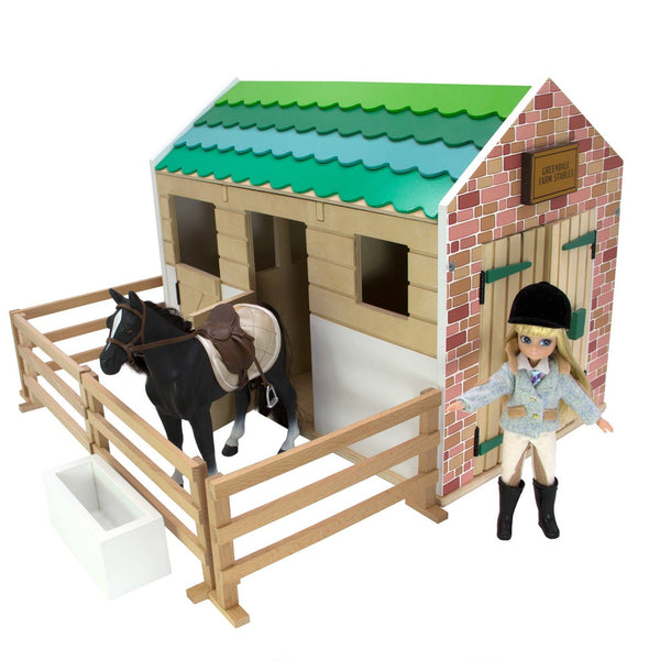 barn, fence, doll, and horse