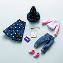 Blue Velvet Cape and Hat with Stars, Pink and White Long Sleeves Top, Denim Capri Trousers
Pink Sneakers, Mini Playing Cards, Magic Wand