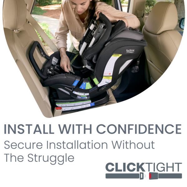 Woman buckling in Britax carseat in black