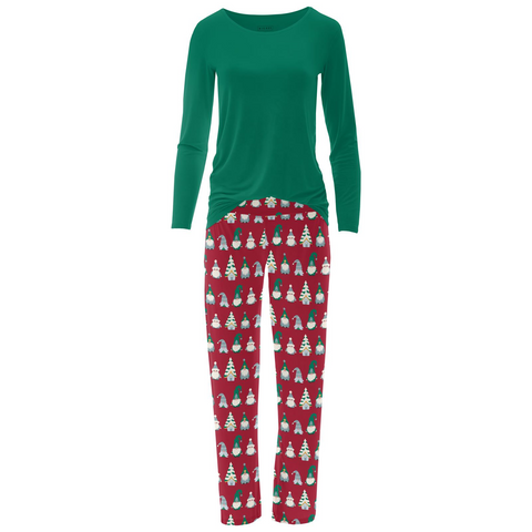 Kickee Pants Women's Print Long Sleeve Relaxed Tee & Pajama Pants Set - Crimson Gnomes (tree green solid long sleeve top with Crimson Gnomes print bottom) 