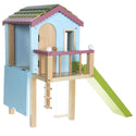 Blue doll treehouse with porch, green slide, Swing, and rope ladder