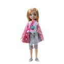 doll is dressed in a cupcake-print t-shirt, silver tutu, grey and pink leggings, silver trainers, and carries a sparkly deep pink bag. She also comes with 3 mini cards: an invitation, birthday, and thank you card.