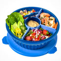 Blue bowl with 4 compartments for food and 1 center cup with lid for sauces. Complete with lid