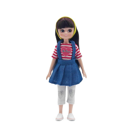 Lottie Doll with Dark brown hair. in white leggings and jean skirt and red/white stripe shirt