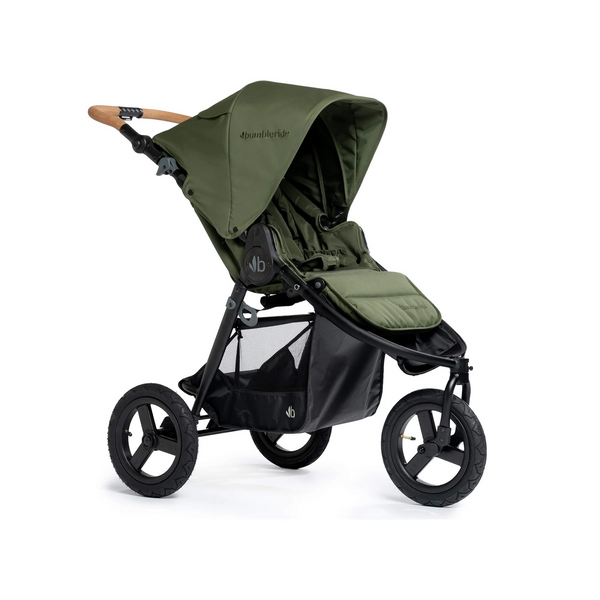 Indie stroller in olive green with black frame and cork handlebar