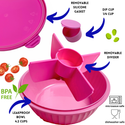 Pink 4 compartment bowl with a center compartment to hold dressing, sauce, and more