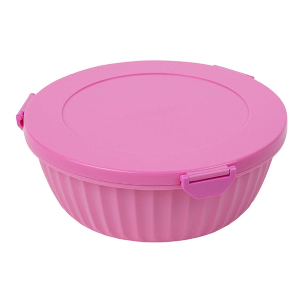 Pink 4 compartment bowl with a center compartment to hold dressing, sauce, and more