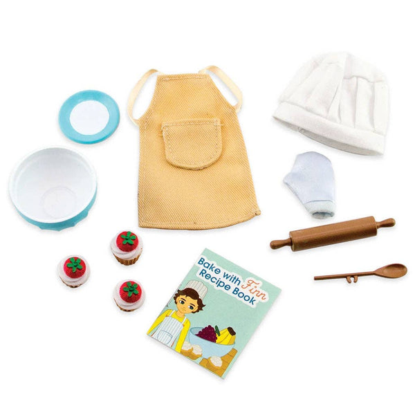 Doll apron, mixing bowl, chef hat, mitt, rolling pin, spoon, cupcakes and recipe book