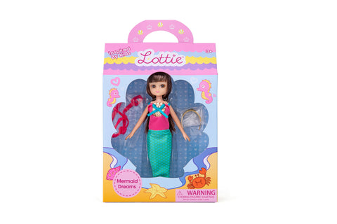 Brunette Lottie Doll with Mermaid suit, snorkel, and halo crown in box