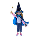 lottie dressed in Blue Velvet Cape and Hat with Stars, Pink and White Long Sleeves Top, Denim Capri Trousers
Pink Sneakers, Mini Playing Cards, Magic Wand