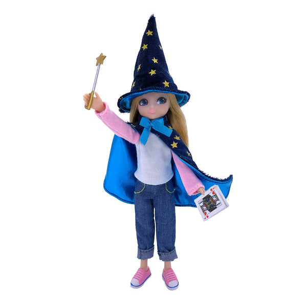 lottie dressed in Blue Velvet Cape and Hat with Stars, Pink and White Long Sleeves Top, Denim Capri Trousers
Pink Sneakers, Mini Playing Cards, Magic Wand