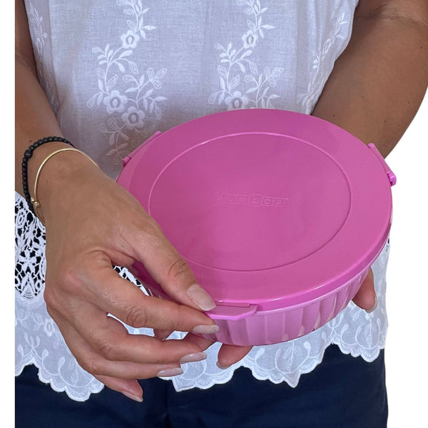 Pink 4 compartment bowl with a center compartment to hold dressing, sauce, and more with LId