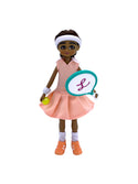 Lottie doll dressed in Peach color Tennis outfit with racket, shoes, balls, and towels