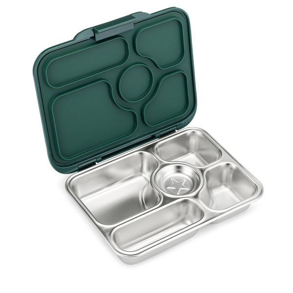 Presto Bento open with green lid and stainless steel compartments.