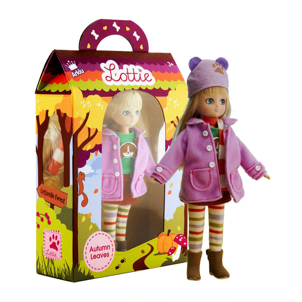 Doll wearing a duffel coat, scarf, hat, boots, corduroy skirt, and striped leggings