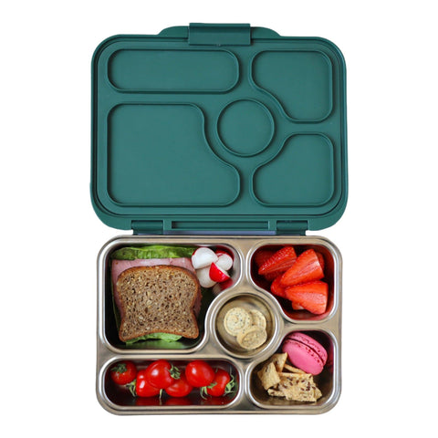 Presto Bento open with green lid and stainless steel compartments filled with different foods
