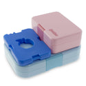 Blue Icepack setting on top of a blue yumbox beside a pink snackbox by Yumbox