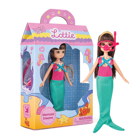 Brunette Lottie Doll with Mermaid suit, snorkel, and halo crown