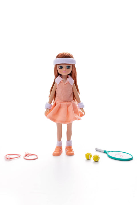 Peach color Tennis outfit with racket, shoes, balls, and towels