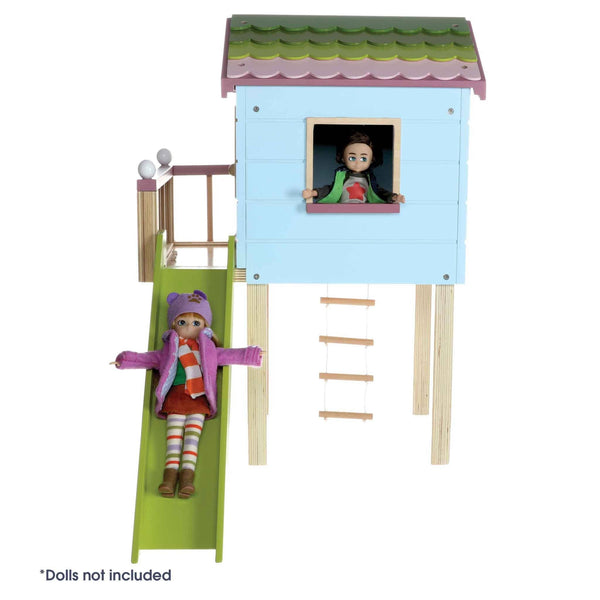 Blue doll treehouse with porch, green slide, Swing, and rope ladder