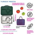 flyer showing the presto and it's measurements. and that it fits into the yumbox bags
