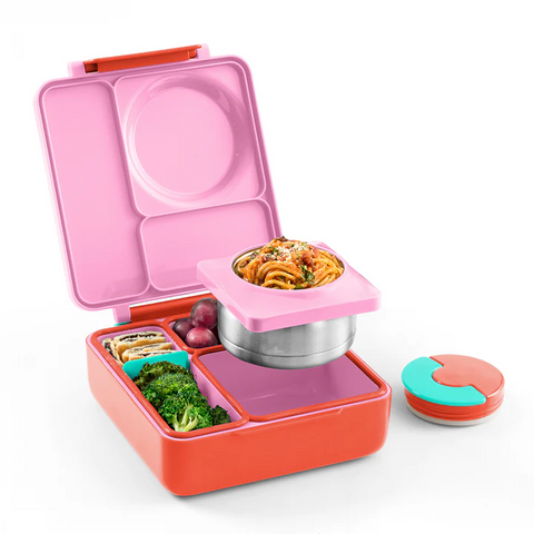 pink bento lunch box inside showing 3 compartments